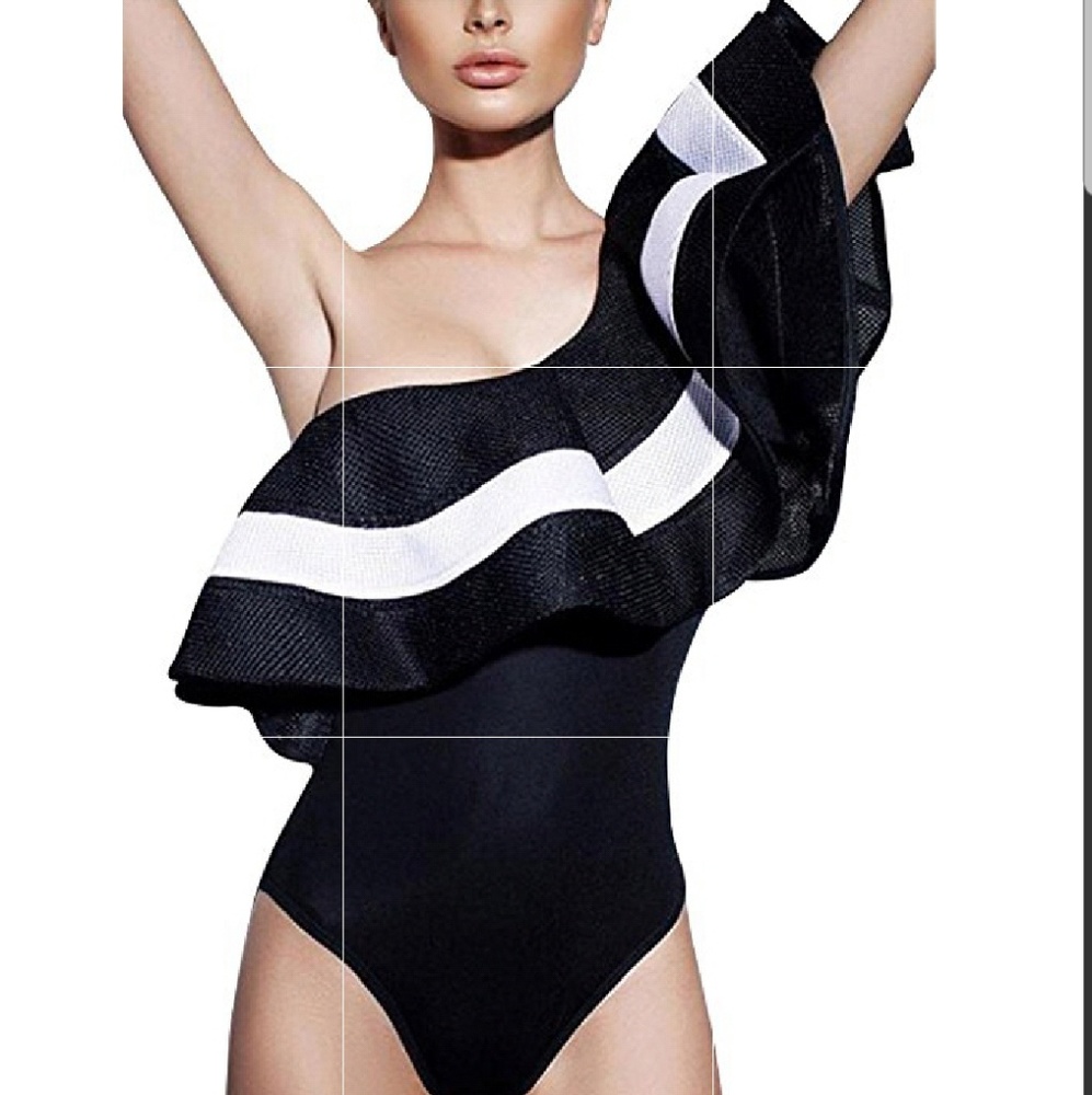Ruffle Black and White One Shoulder Bodysuit
